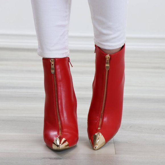 Ankle Red Boots Faux Leather Gold Pointy Toe - Picture 9 of 14